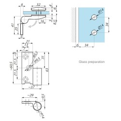 TTU90-OSLH PC - Lifted hinge with offset fixing plate left wall to glass 90° TTU90-OSLH PC - Lifted hinge with offset fixing plate left wall to glass 90°