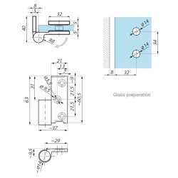 TGHS90LH SC - Zawias standardowy lewy ściana - szkło 90˚