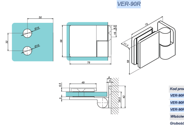 VER-90-R - Wall-glass lift hinge right 90°