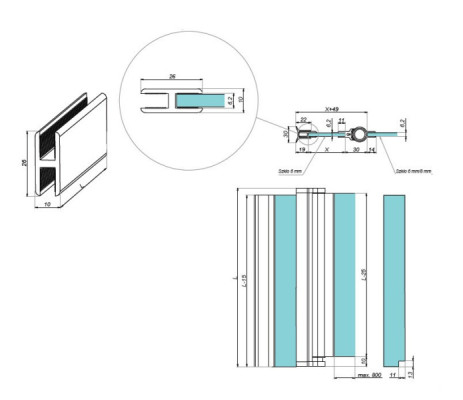 NLO-KP-S012-1,9-6-H - Profil „H” do listwy zawiasowej szkło-szkło