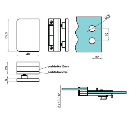 NTP305SS - Podkładki do przeciwkasety NTP302 - montaż na szkle przesunięty